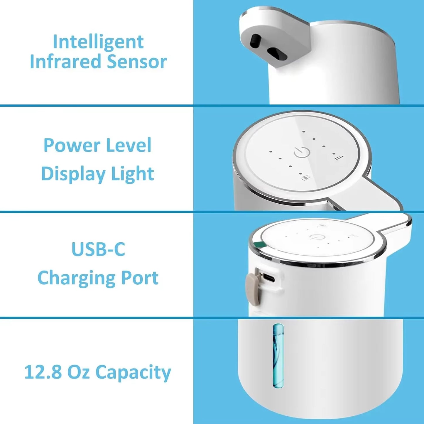 Automatic Touchless Foaming Soap Dispenser - 380ml USB Rechargeable with 4 Adjustable Foam Levels